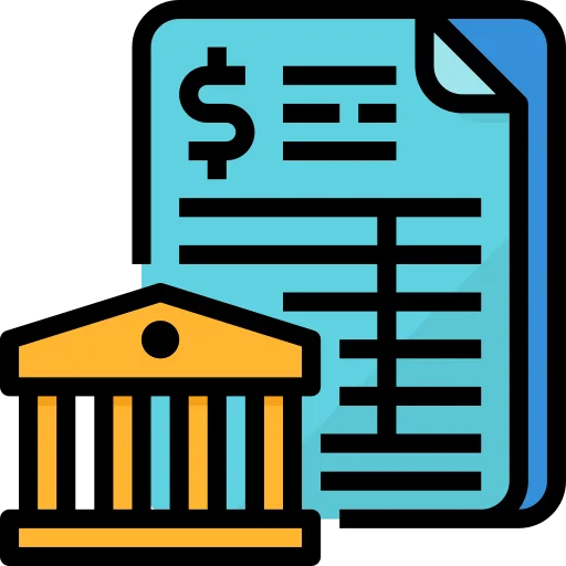 A bank deposit icon illustrating a bank structure with an arrow pointing downwards, indicating the action of depositing funds.