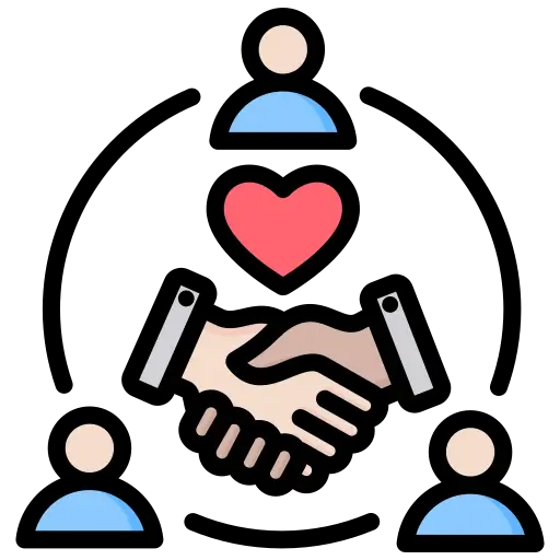 Icon of a handshake with a heart above it, flanked by two human figures on a black background.