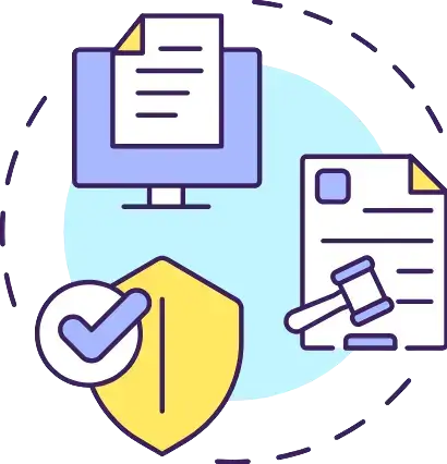 Bookkeeper on SAP HANA 13 An illustration of a computer monitor with a document, a shield with a checkmark, and a legal gavel and document.