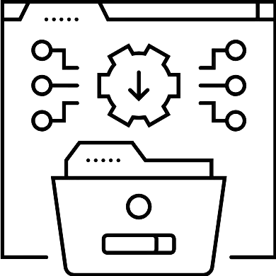 Bookkeeping with AI 14 Monochrome vector of a file download concept with a folder, arrow, and gears.