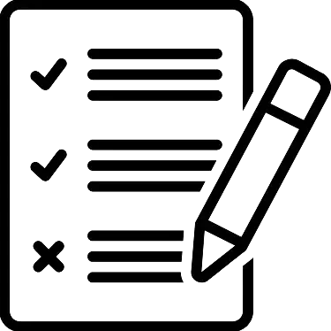 Icon of a clipboard with check marks, some text lines, and a pencil diagonally across it.