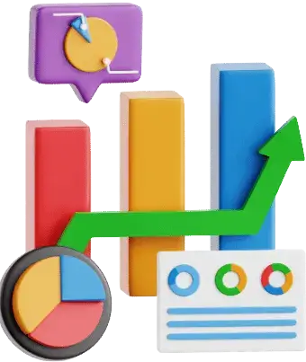 Bookkeeping with AI 4 3D colorful bar graph with rising arrow, pie chart, clock icon, and report graphics on a white background.