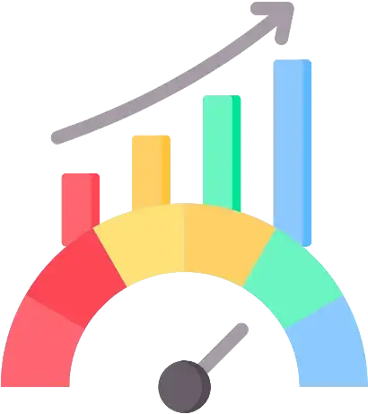 Bookkeeping with AI 6 Colorful performance dashboard with gauge and rising bar graph on black background.