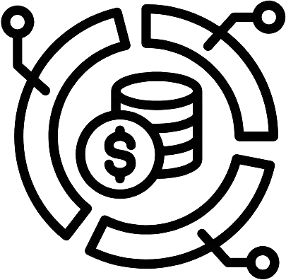 Bookkeeping with AI 10 Black and white icon of a circular arrow around a stack of coins, symbolizing money or financial cycle.
