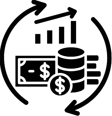 Bookkeeping with AI 11 Icon representing economic cycle with money, chart, and arrows indicating flow.