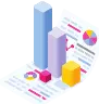 3D bar chart and pie charts on a document, depicting data analysis or financial report.