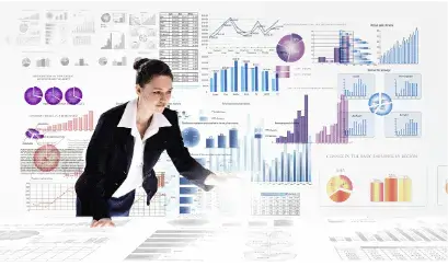 Bookkeeper on SAP HANA 12 Person in a business suit reaching towards futuristic financial data graphics.