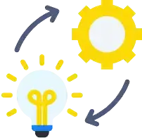 A stylized light bulb with gears and arrows, symbolizing idea generation or innovation.