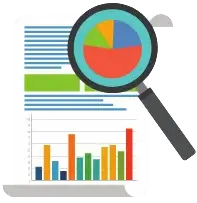 Bookkeeper on SAP HANA 4 Graphs and charts with magnifying glass, illustrating data analysis.