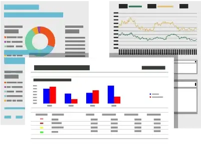 Bookkeeper on SAP HANA 3 An assortment of colorful business data charts including bar, line, and pie graphs.