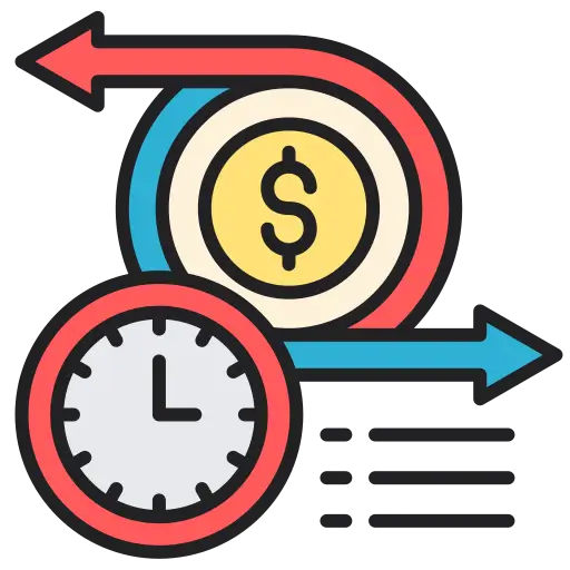 Automotive Glass and Window Tinting Services 7 Icon representing time value of money with a clock, dollar symbol, arrows, and chart.