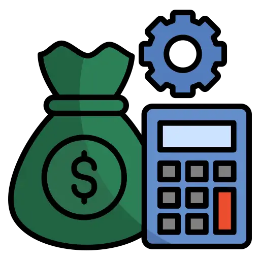 Icon of a money bag with a dollar sign, alongside a gear and a calculator, representing finance and calculation.