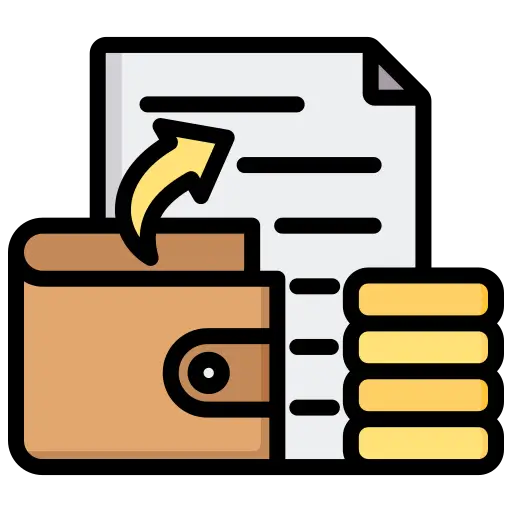 Icon of a wallet with coins and a document with an arrow indicating a transaction or payment.