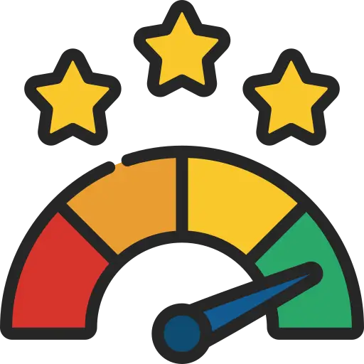 Automotive Glass and Window Tinting Services 13 Illustration of a colorful performance meter with a needle pointing to the green zone, flanked by three gold stars above.