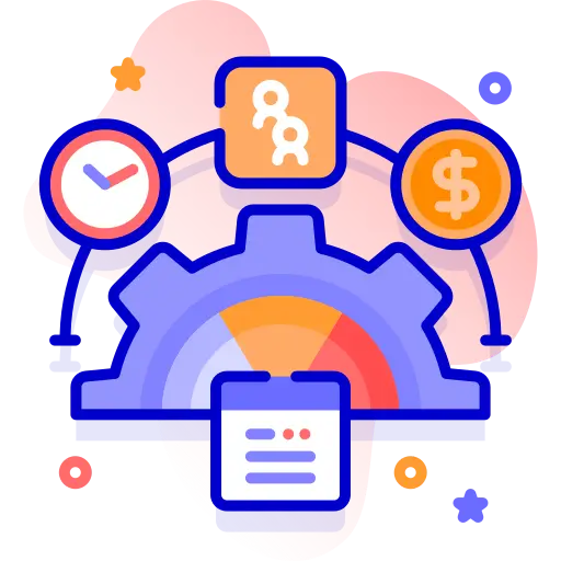 Automotive Glass and Window Tinting Services 15 Colorful illustration of a gear with icons representing time, money, and connectivity, alongside a document.