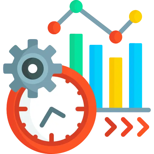 Bookkeeping with AI 5 A graphical illustration of a speedometer, gear, bar chart, and rising line graph, symbolizing performance analytics.