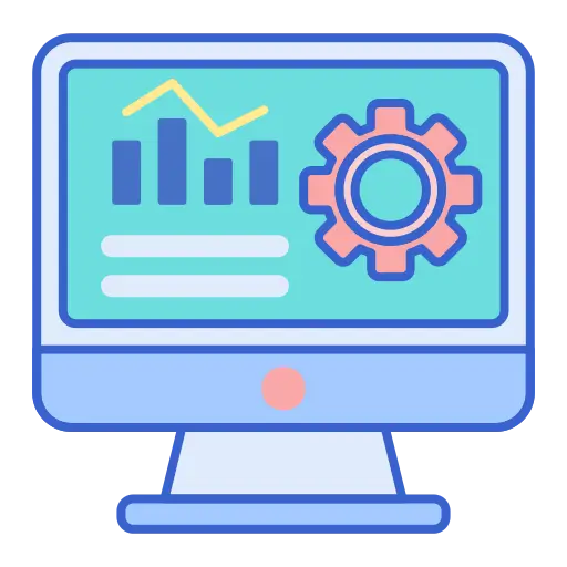 A computer monitor displaying a gear wheel alongside a graph, symbolizing technology and data analysis.